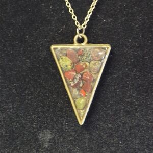 Gold-Tone Triangle Pendant Necklace with Red & Green Stone Inlay